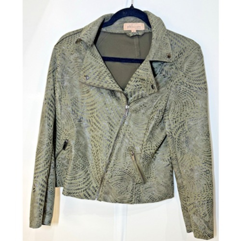 Philosophy Faux Suede Biker Jacket Women's Size S Olive Green Black Accent